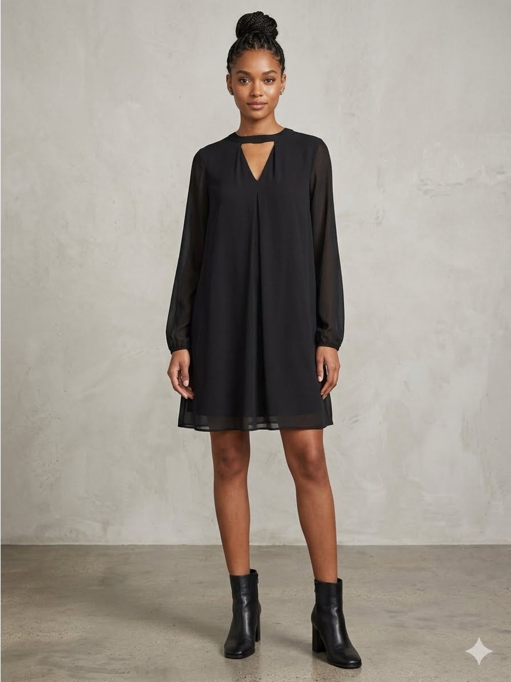 Express Black Chiffon Shift Dress Long Sleeve Cutout Neck Lined Sz S LBD